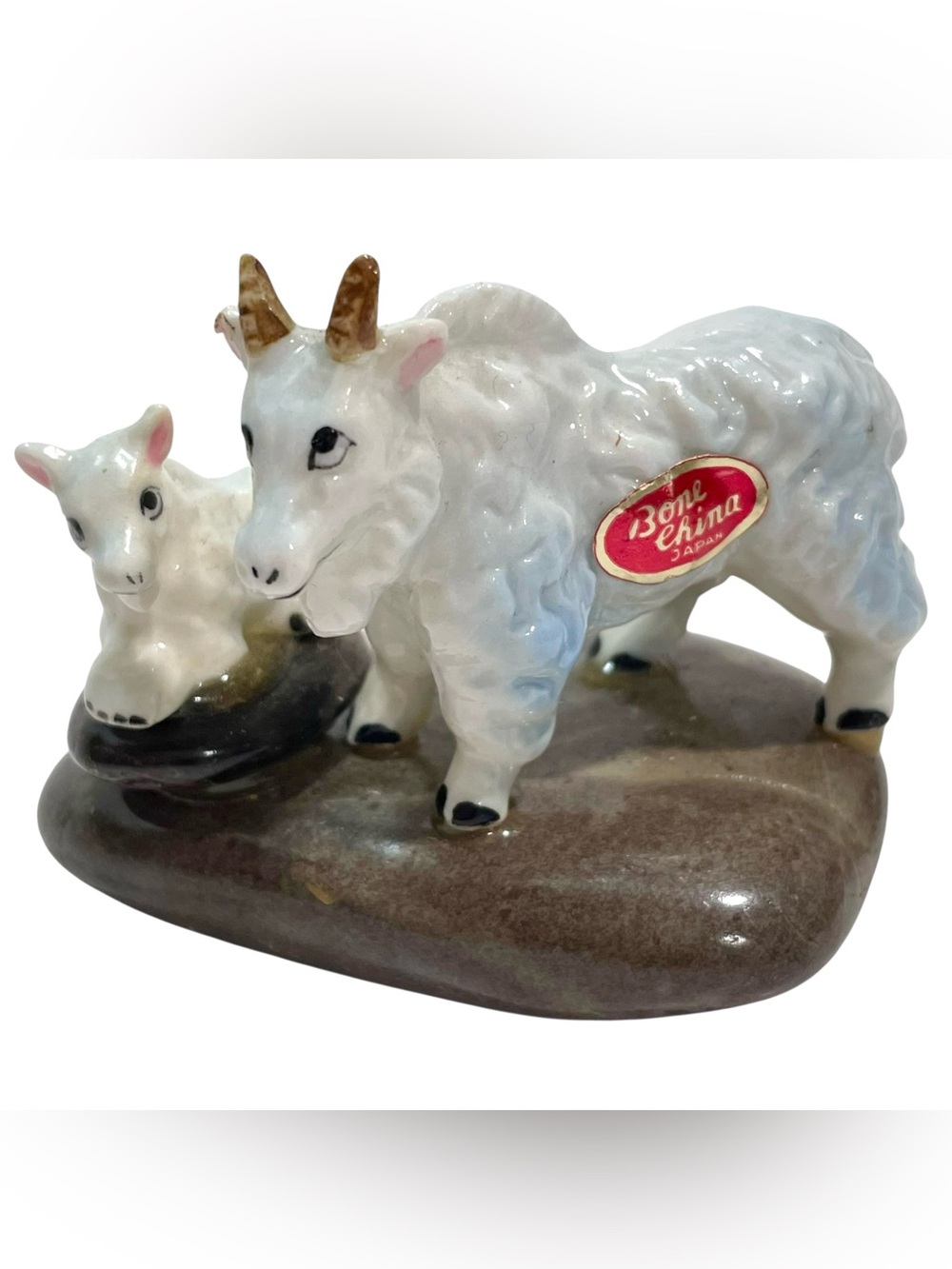 Vintage 1950s Bone China Mountain Goats on a Rock Figurine - Made in Japan